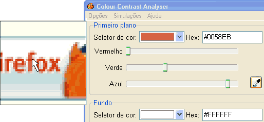 Exemplo da área de ampliação em volta do cursor quando o seletor de cores é ativado. A cor sobre a ponta do cursor aparece na caixa de seleção da paleta de cores