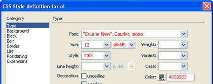 Screenshot do painel de estilos para o elemento ol