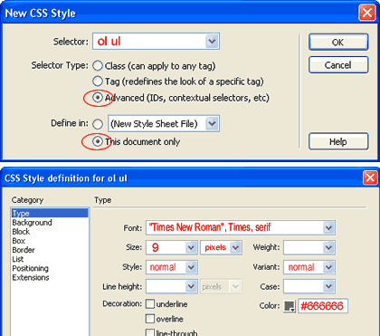 Screenshot do painel de estilos para o elemento seletor descendente ol ul