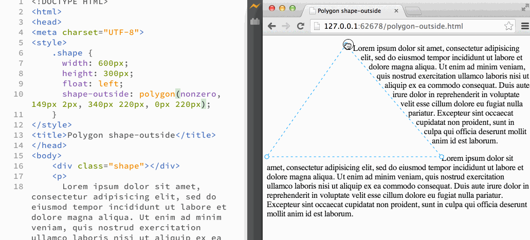 Captura de tela mostrando o Shapes Editor e a edição de formas no navegador.